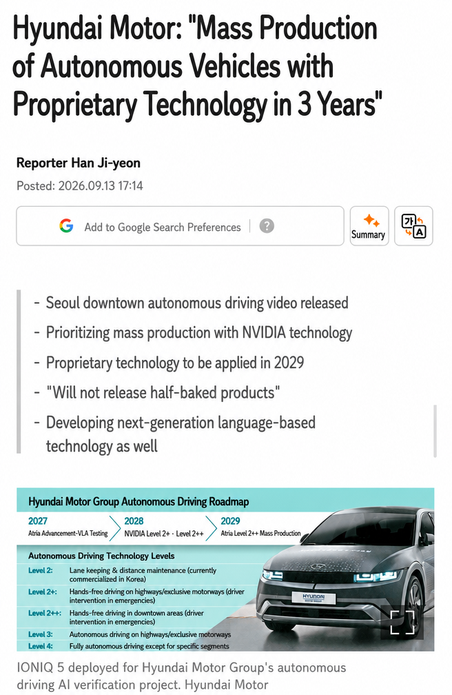 News report graphic and roadmap stating Hyundai plans to mass-produce autonomous vehicles with proprietary technology in 3 years.