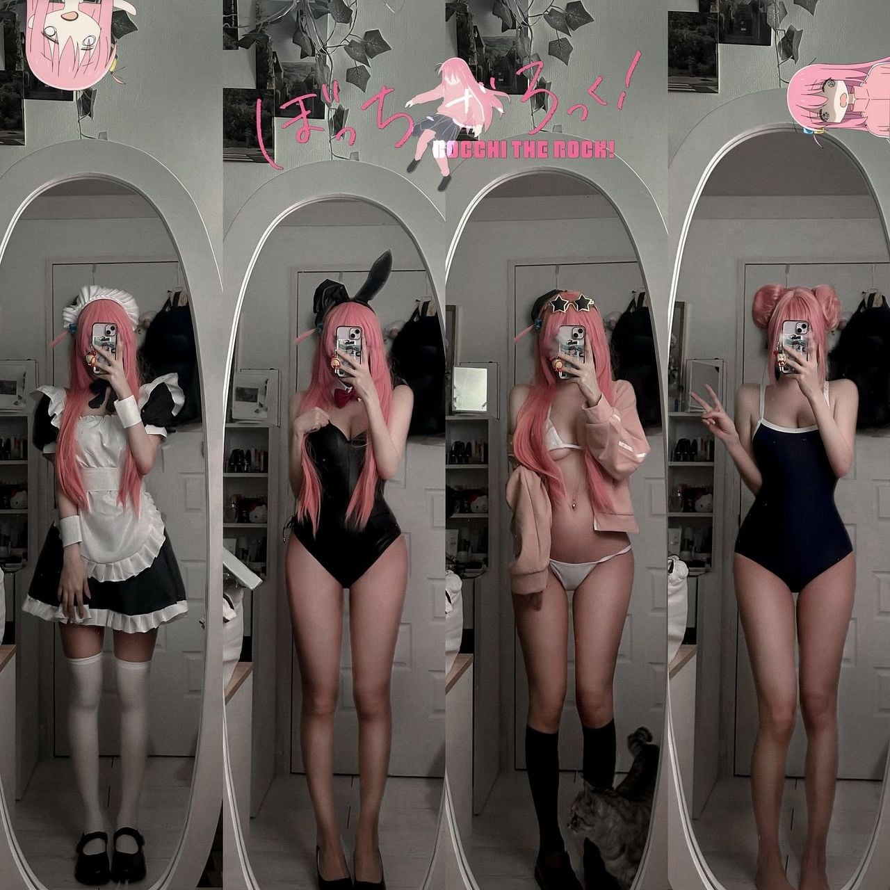 Cosplay mirror selfies recreating the four concept outfits and poses from the illustration: maid outfit, bunny suit, bikini with track jacket, and school swimsuit.
