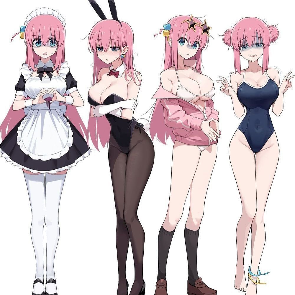 アニメ『ぼっち・ざ・ろっく！』の主人公・後藤ひとりが、メイド服、バニーガール、ビキニにジャージ、スクール水着を着た姿を描いた4種のイラスト。