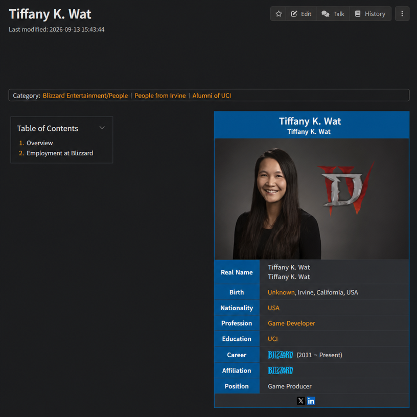 A screenshot of the Namuwiki profile page for game developer Tiffany K. Wat.
