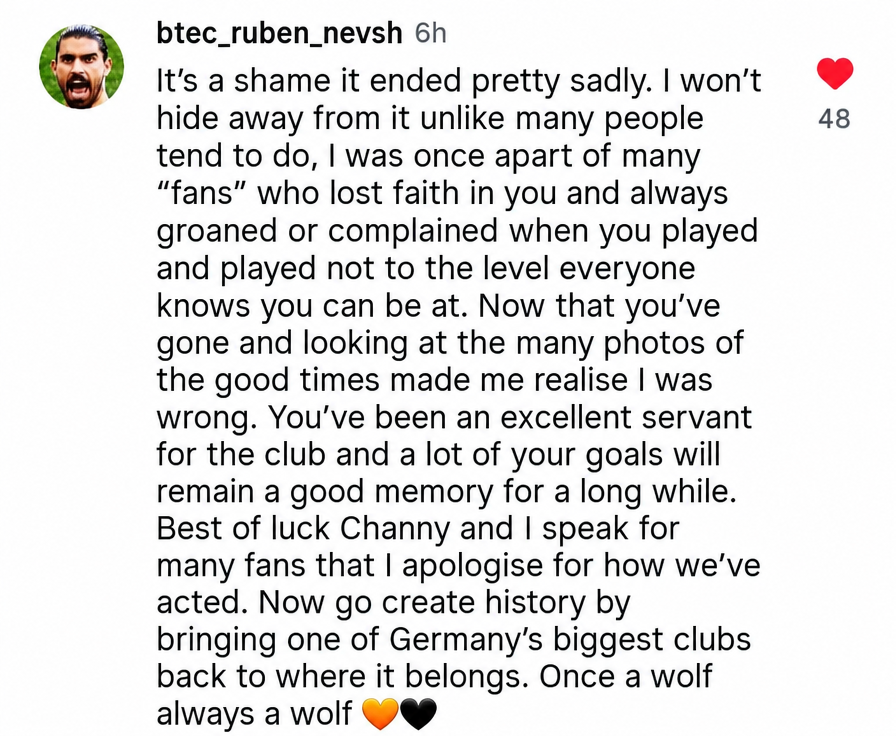 A screenshot of a long, supportive, and apologetic comment left by a Wolves fan regarding Hwang Hee-chan's transfer news.