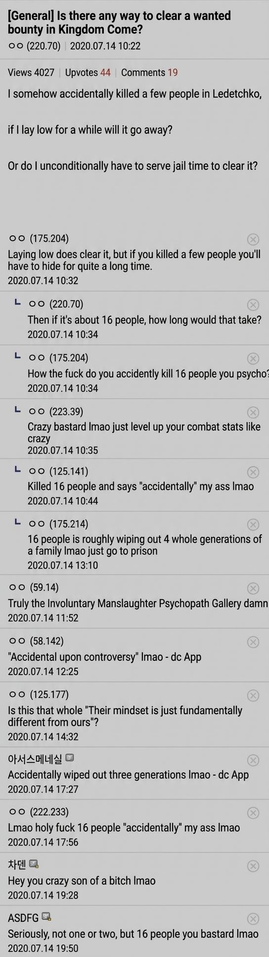 A screenshot of a gaming community post asking how to clear a wanted status after "accidentally" killing a few people, only to reveal in the comments that he killed 16 people, shocking everyone.