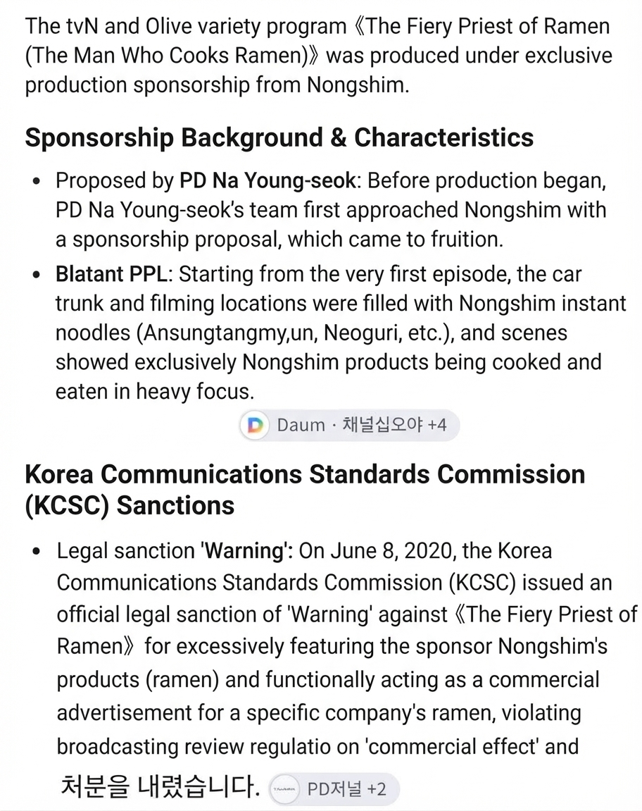 A text capture summarizing the background behind Nongshim's exclusive sponsorship of 'The Fiery Priest of Ramen' and the details of the official warning sanction issued by the Korea Communications Standards Commission.