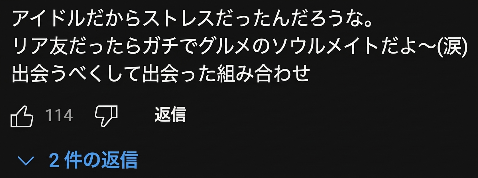 リア友だったらグルメのソウルメイトだっただろうというYouTubeコメントのキャプチャ
