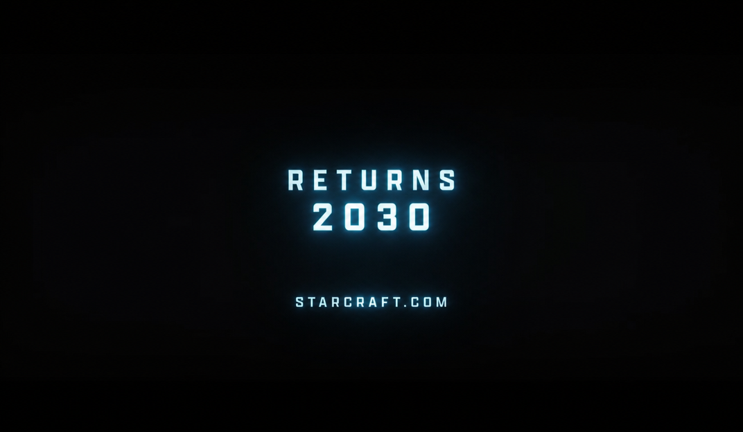 Screen on a black background displaying the text RETURNS 2030 along with the official website URL