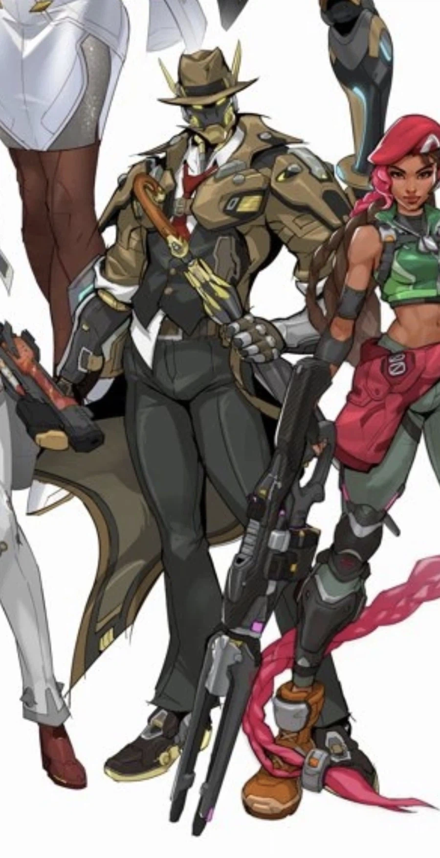 Overwatch hero concept art featuring an omnic character wearing a fedora and a trench coat