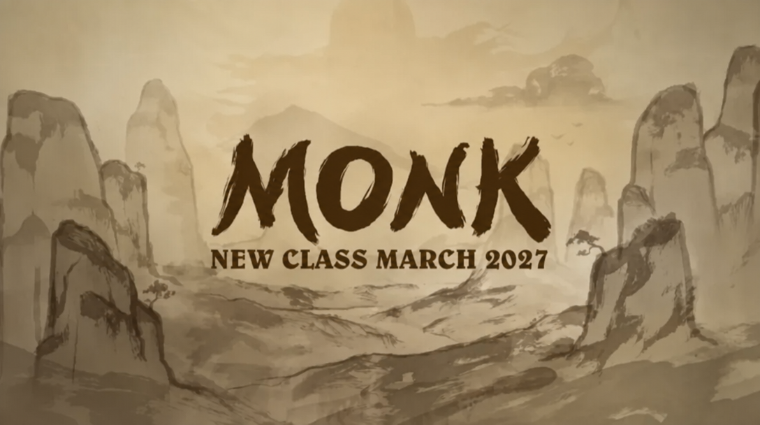 Ink-wash style background displaying the text MONK NEW CLASS MARCH 2027