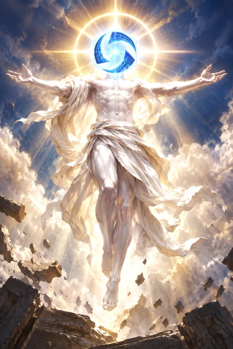 Image of the Heroes of the Storm logo superimposed on the head of an ascending statue bathed in divine light