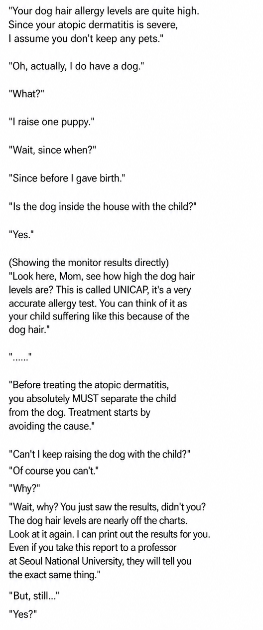 A screenshot of a dialogue where the doctor strongly recommends immediate separation from their dog because the allergy test results showed a near-maximum score for dog fur, while the guardians express reluctance.