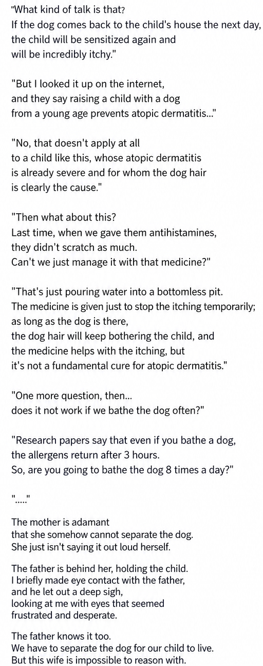A screenshot depicting the mother trying to solve the problem only with internet research, frequent bathing, and antihistamines, while the father stands behind sighing.