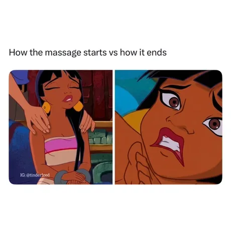 A two-panel meme featuring Chel from The Road to El Dorado: on the left, enjoying a gentle shoulder rub, and on the right, wide-eyed with an agonized expression as the deep tissue massage gets intense.