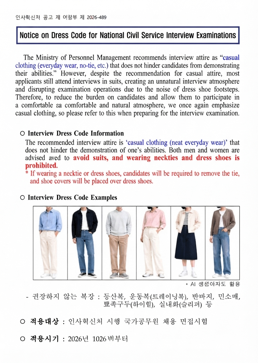 An official notice from the Ministry of Personnel Management regarding dress codes for national civil service interviews, discouraging suits, banning dress shoes, and providing AI-generated casual outfit examples.