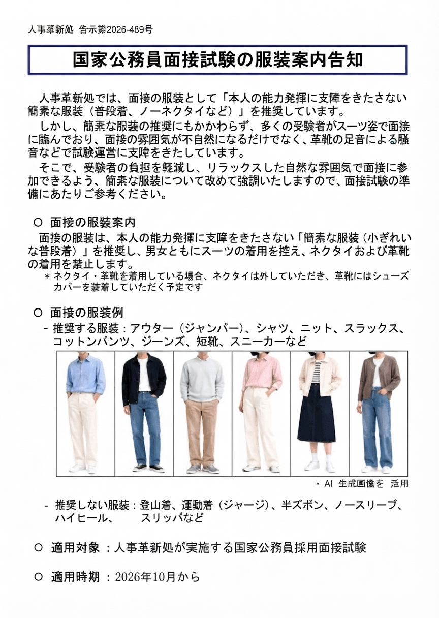 人事革新処による国家公務員面接試験の服装案内告知文。スーツの着用を控えさせ、革靴を禁止し、AIによるカジュアルな服装の例が掲載されている。