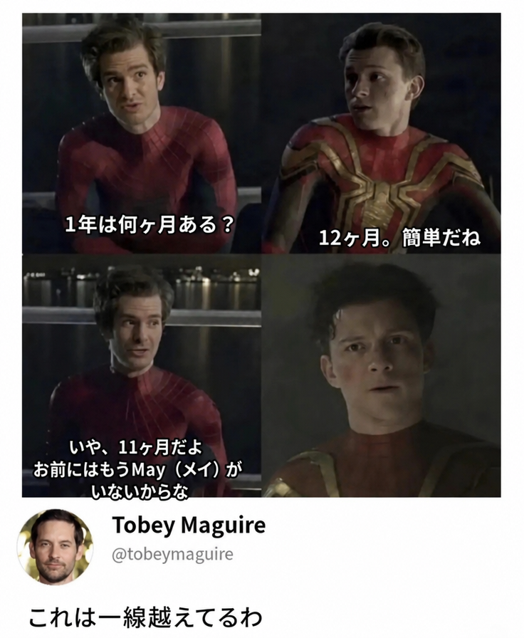 スパイダーマンの映画シーンのパロディ画像。アンドリュー・ガーフィールドのスパイダーマンがトム・ホランドに「1年は何ヶ月？」と聞くと、トムは「12ヶ月。簡単だよ」と答える。するとアンドリューは「いや、11ヶ月だ。お前にはもうメイ（May）がいないからな」と言い、トム・ホランドが衝撃を受けた表情をする。下にはトビー・マグワイアのアカウントが「これは一線を超えてるな」とコメントしたツイートが続いている。