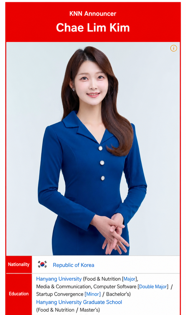 Profile photo of KNN announcer Kim Chae-lim and an academic qualification summary featuring her undergraduate majors at Hanyang University (Food and Nutrition, Media Communication, Computer Software) and Master's degree.