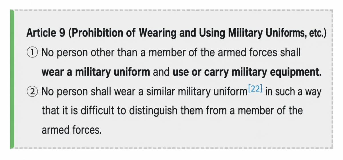 A capture of legal provisions stating the prohibition of wearing military uniforms and imitation military uniforms by non-military personnel.