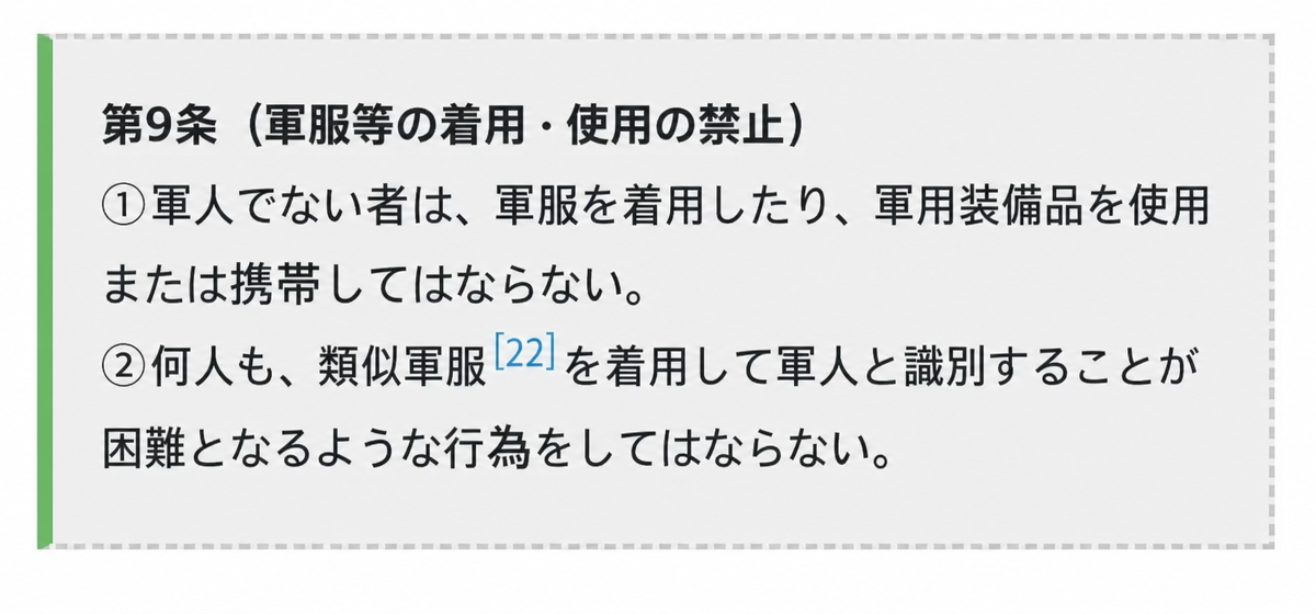 軍人ではない者の軍服着用および類似軍服着用禁止条項が記された関連法律条項のキャプチャ画像