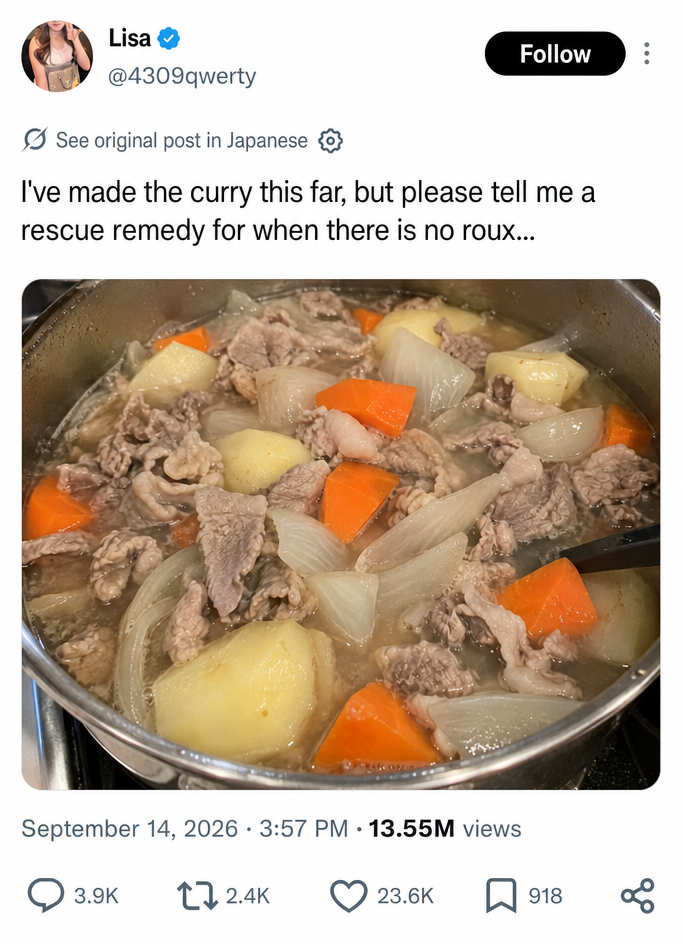 A Twitter screenshot post featuring a photo of meat, potatoes, carrots, and onions boiling in a pot.