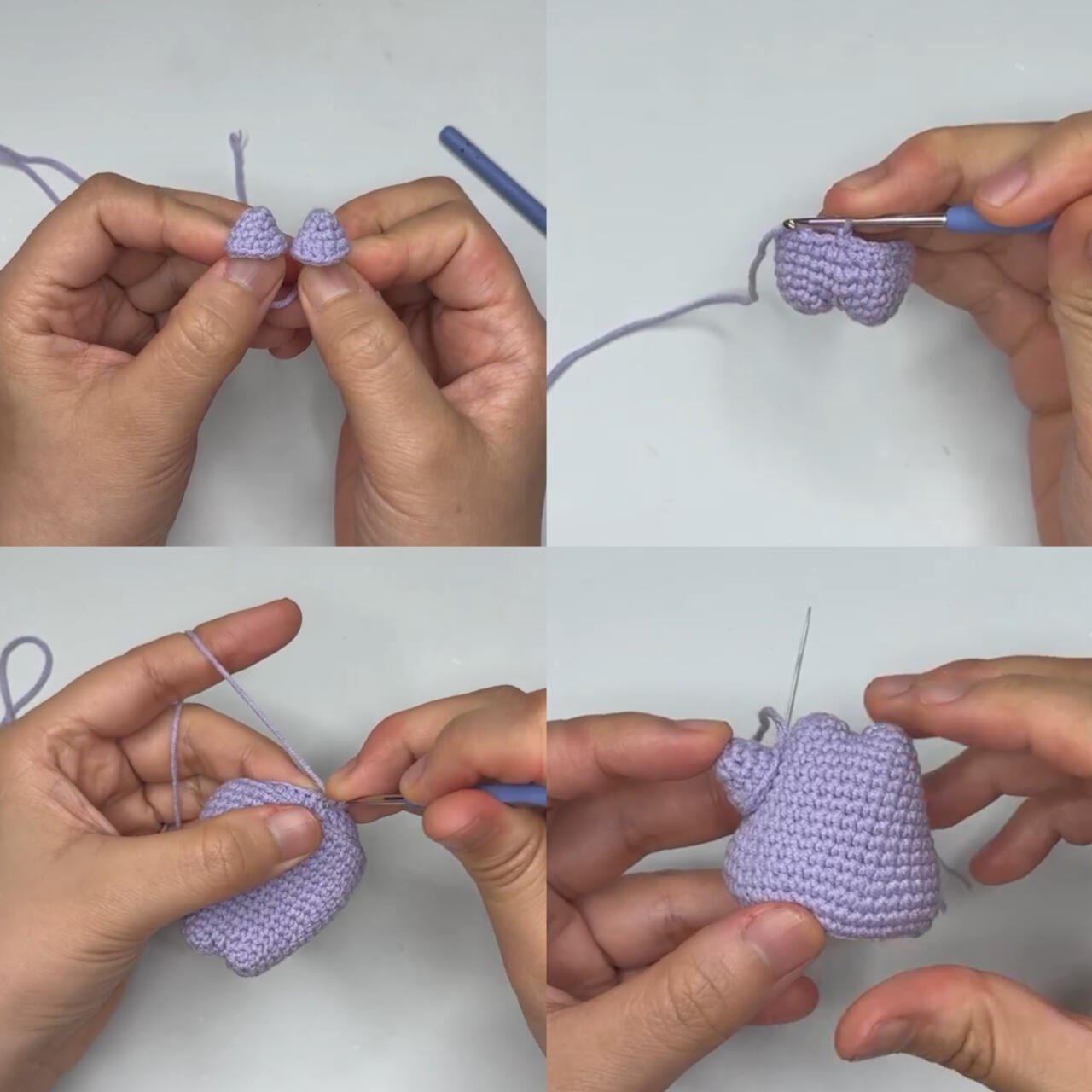 A four-part creation process showing the knitting of Ditto doll arms and body parts, followed by sewing them together with purple yarn.