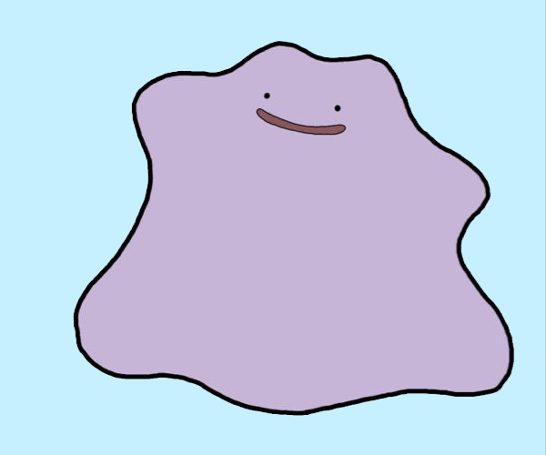 水色の背景にシンプルな線と点で表現されたポケモン「メタモン」の紫色のイラスト