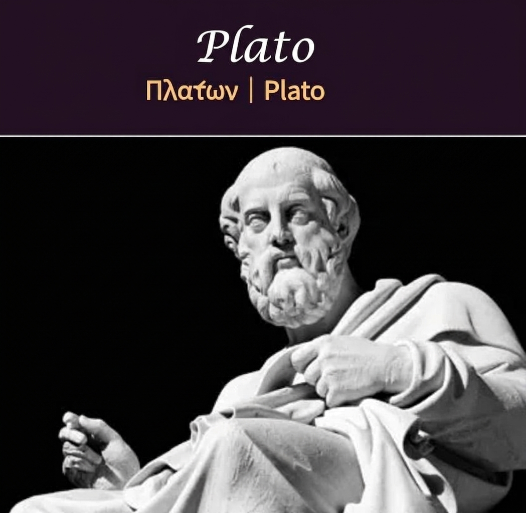 Statue of the ancient Greek philosopher Plato with his name displayed in Korean, Greek, and English above.