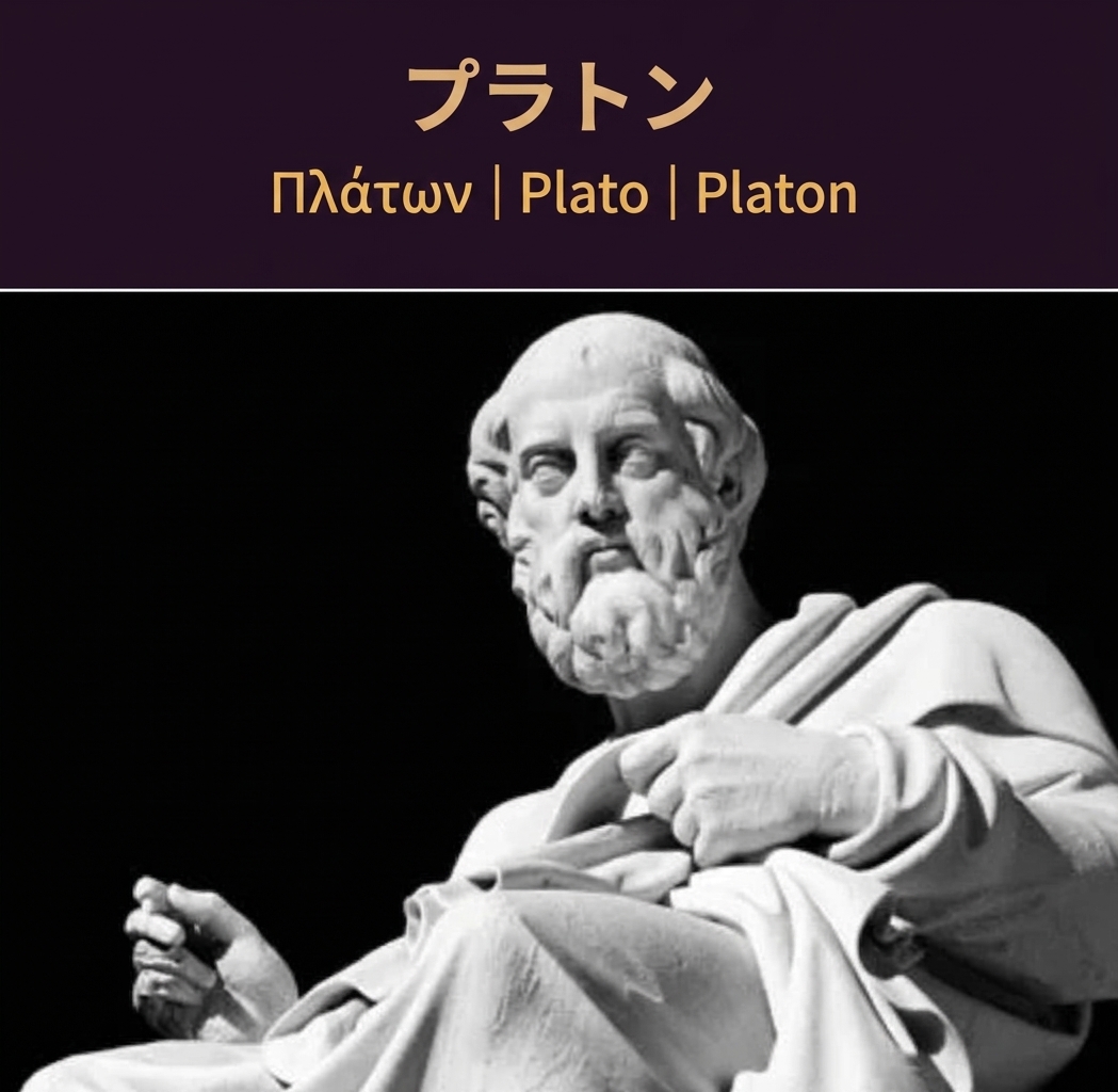 古代ギリシャの哲学者プラトンの彫像と上部に記された名前