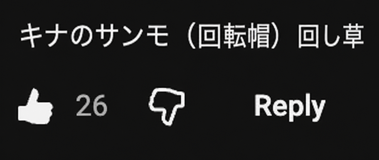 キーナのサンモ（農楽の帽子）回しという反応のYouTubeコメントのキャプチャ