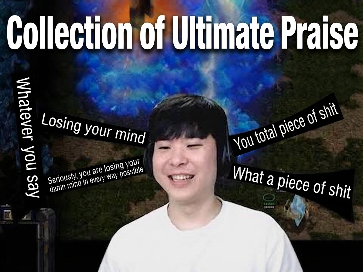 A streamer grinning broadly surrounded by captured chat messages filled with insults and profanities