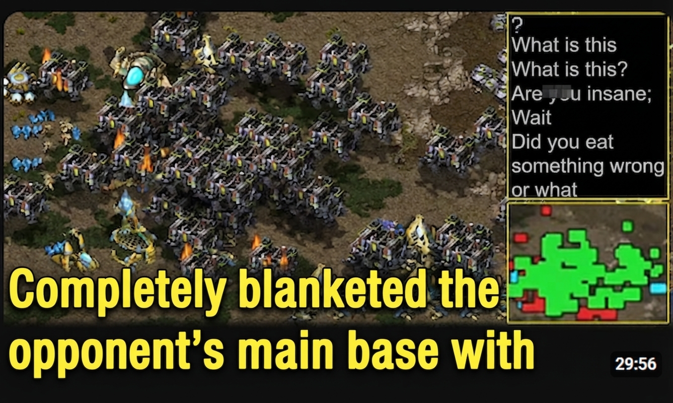 A StarCraft gameplay thumbnail showing the opponent Protoss main base completely blanketed by lifted Terran Barracks