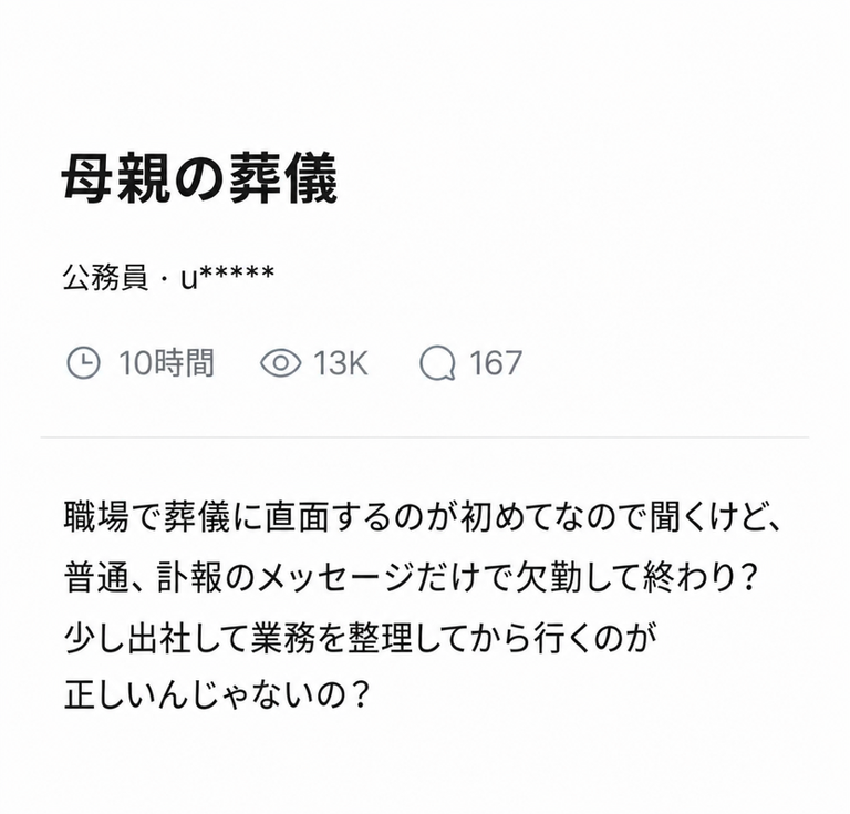 職場の同僚の母親の葬儀について、訃報のメッセージだけで欠勤するのは正しいのか、少し出社して業務を整理してから休むべきではないかと尋ねるBlindの投稿のスクリーンショット。