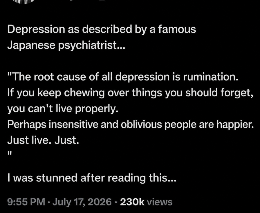 SNS capture screen pointing out that rumination—chewing over things that should be forgotten—is the main cause of depression, advising people to just live.