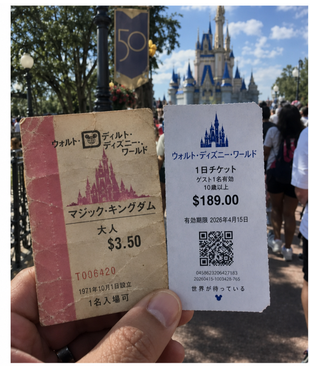 シンデレラ城を背景に、1971年当時の3.50ドルのウォルト・ディズニー・ワールド大人用チケットと、189.00ドルの現代のチケットを手に持っている様子。
