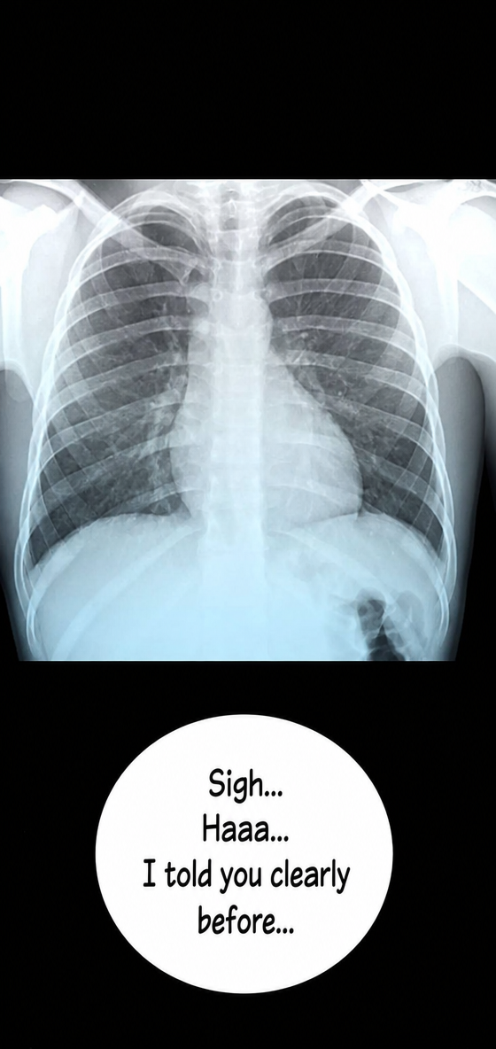 A webtoon scene where a doctor lets out a sigh beneath an X-ray of a chest, with a speech bubble