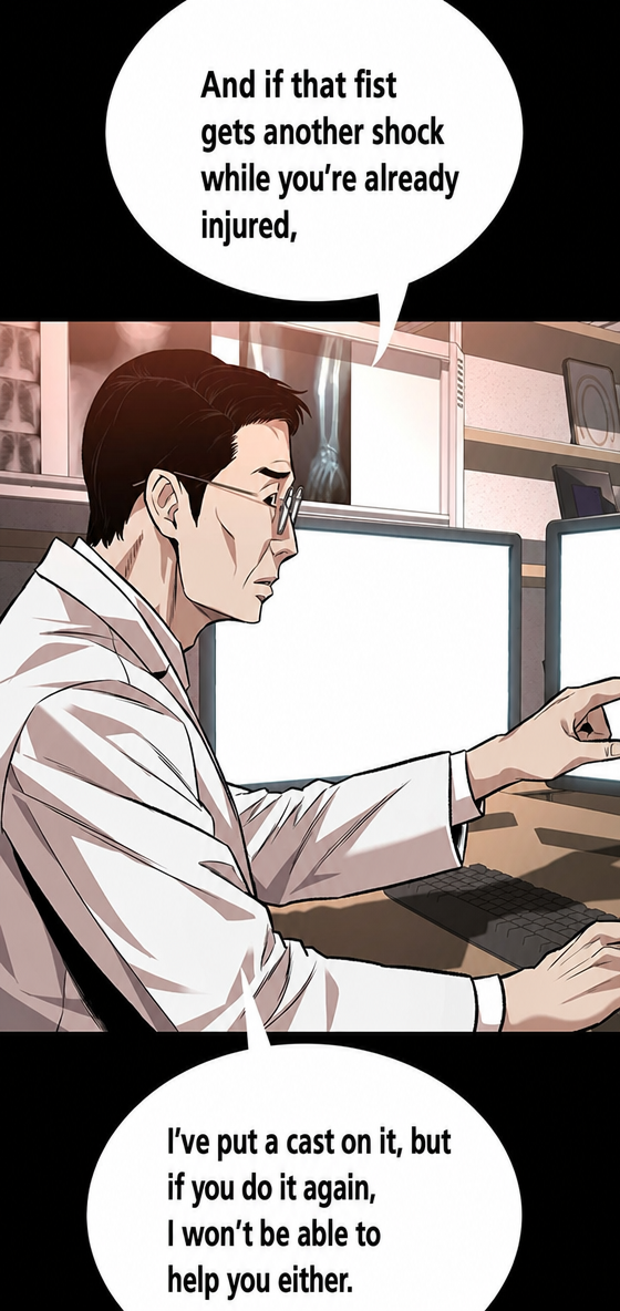 A doctor looking at a monitor, warning the patient that another shock to their injured hand would be catastrophic