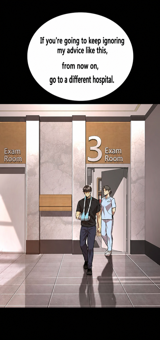 A man with a cast walking out of the exam room after being told to go to another hospital if he won't listen