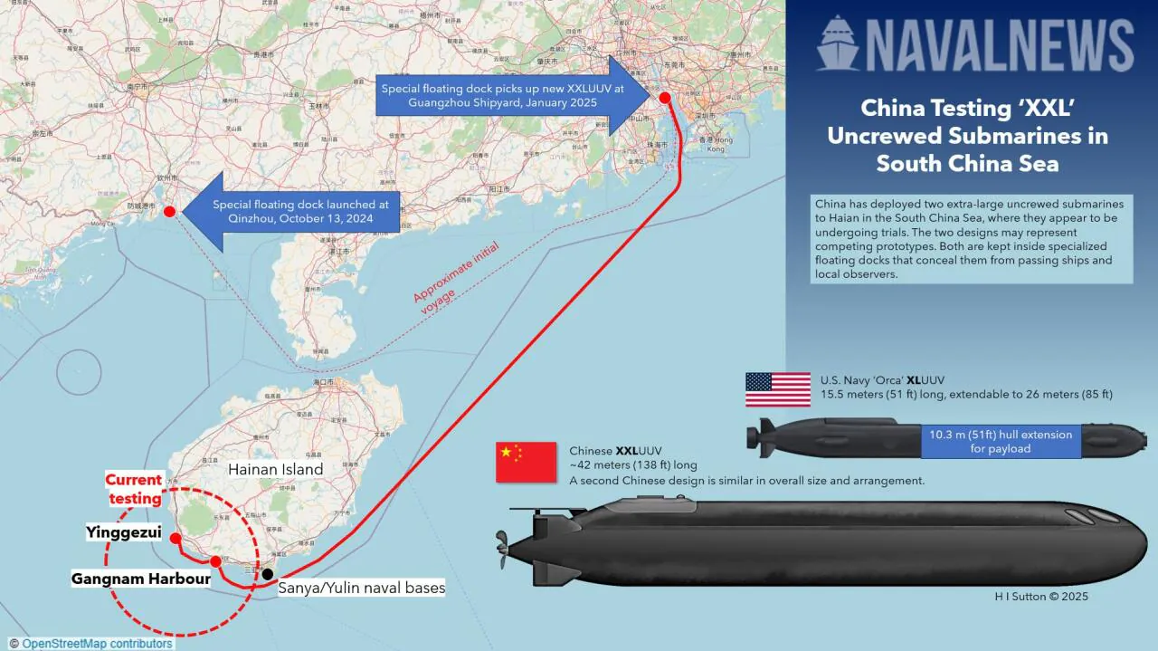 Infographic comparing Chinese XXL uncrewed submarines to the U.S. Navy's Orca, including testing routes around Hainan.