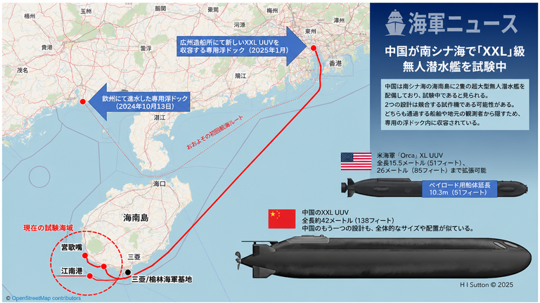 中国海南島周辺海域の試験ルートと米海軍Orca（オルカ）と比較した超大型無人潜水艇の諸元インフォグラフィック