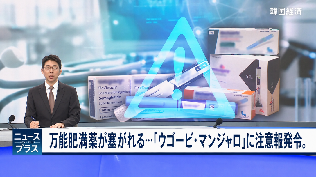 ウゴービやマンジャロなどの肥満治療薬の製品箱や注射器のグラフィックを背景にニュースを伝えるアンカー