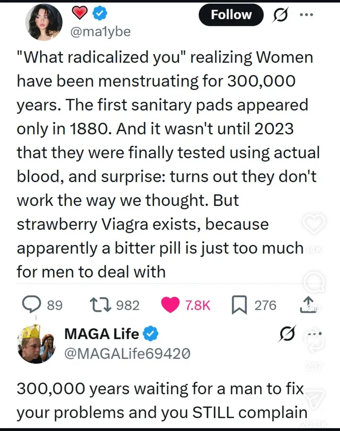 A screenshot of a post comparing the slow development of sanitary pads to strawberry Viagra, followed by a sarcastic reply.