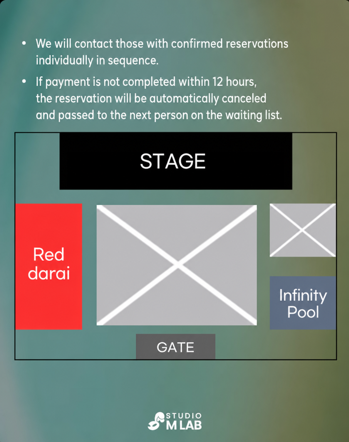 Notice board for the rooftop concert seating chart, showing STAGE, Red darai area, Infinity Pool, GATE, etc.