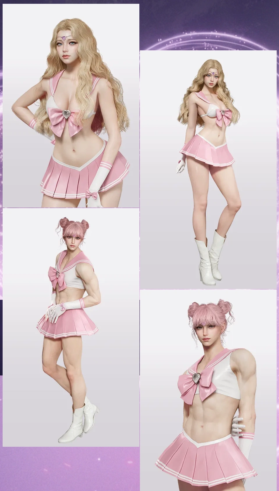 3D models of a female character and a muscular male character posing in identical pink magical girl outfits.
