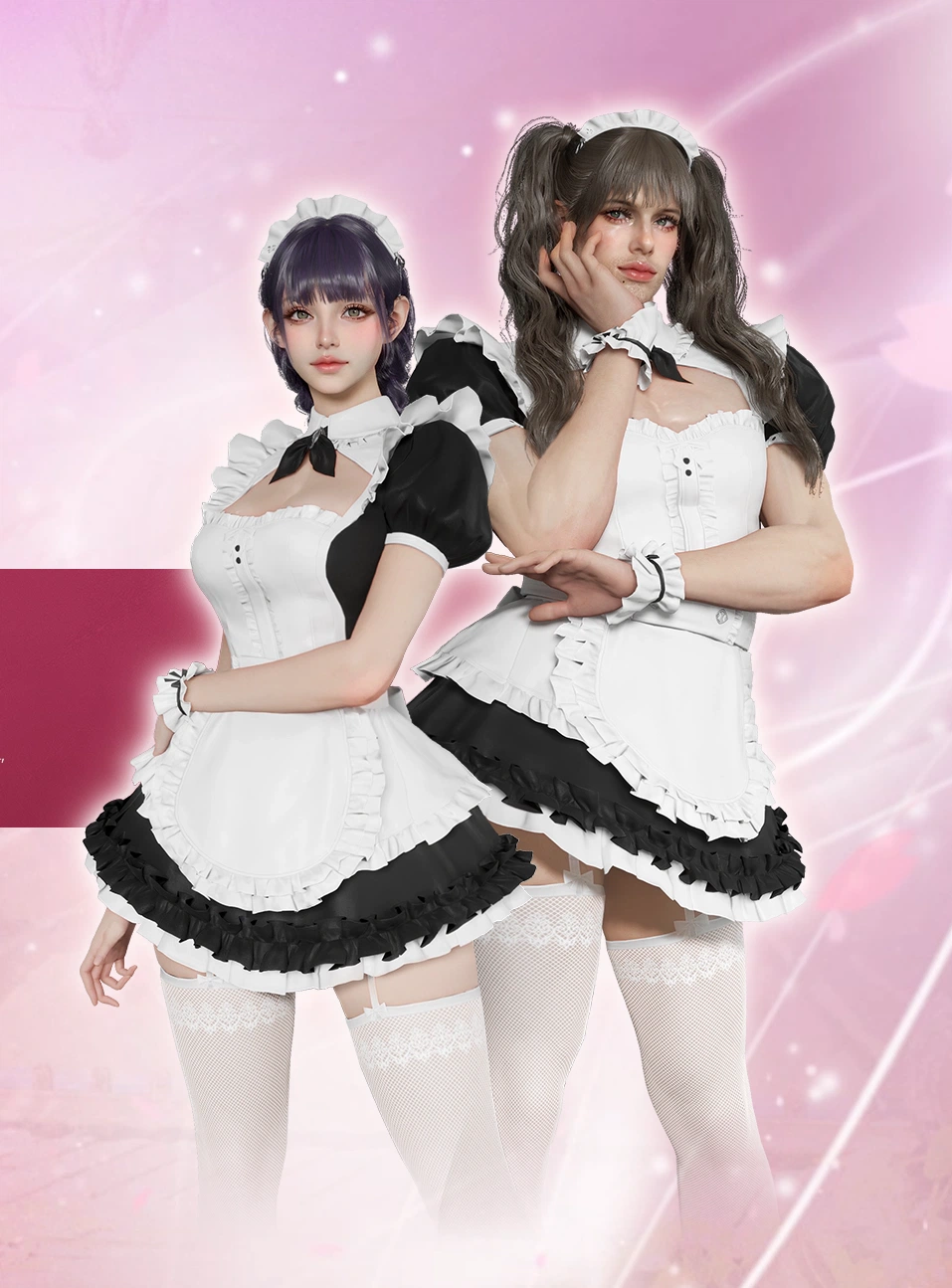 メイド服を着て並んでポーズをとる男女のキャラクター