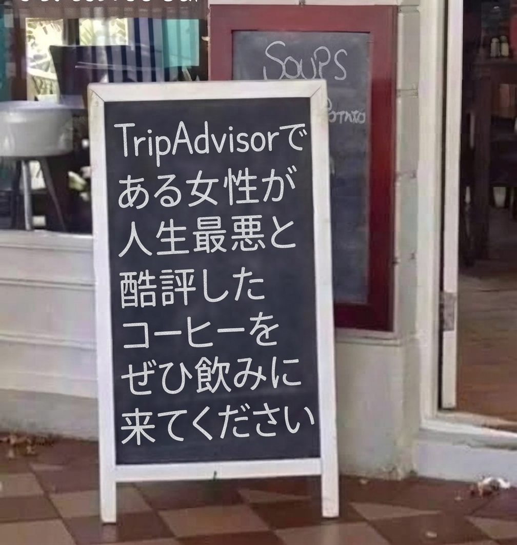 カフェの前の歩道に置かれた黒板の看板。「TripAdvisorである女性が『人生で最悪』と酷評したコーヒーをぜひ飲みに来てください」と書かれている。
