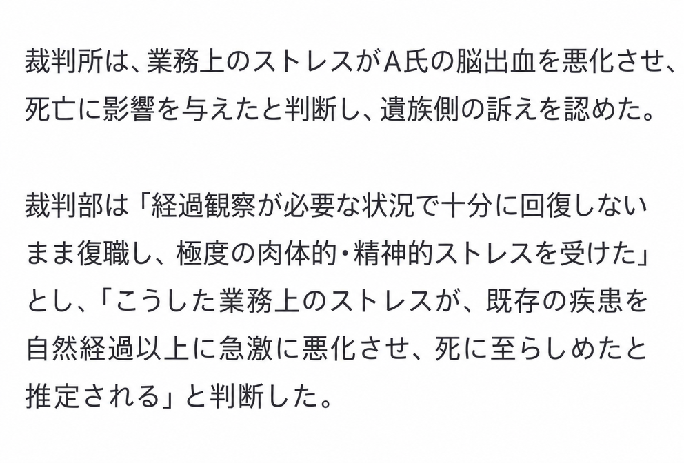 業務ストレスによる症状の悪化を認め、遺族側の訴えを認めた裁判所の判決内容を伝える記事本文
