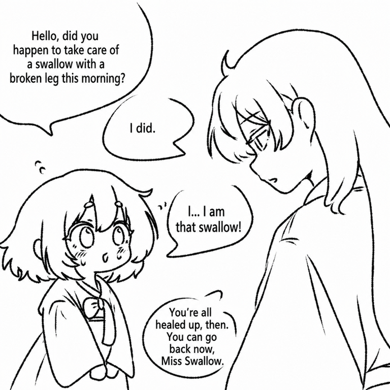The first panel of a cartoon where a swallow that had an injured leg visits its savior in the form of a young girl to say hello.