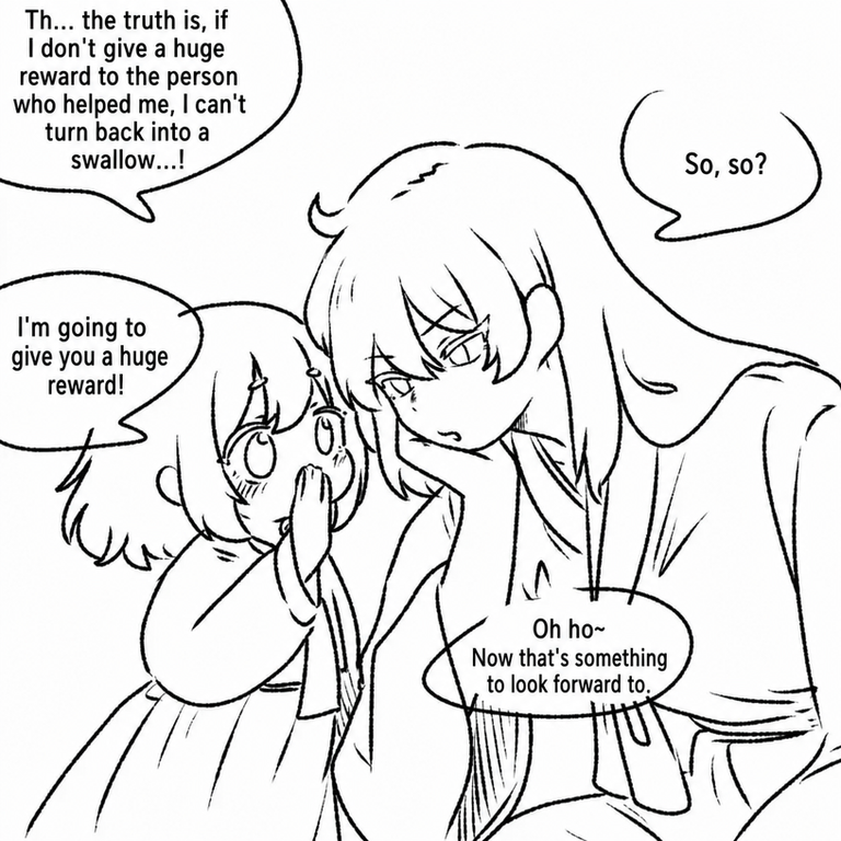 The second panel of the cartoon where the girl says she needs to repay the kindness in order to return to being a swallow and offers a big reward.