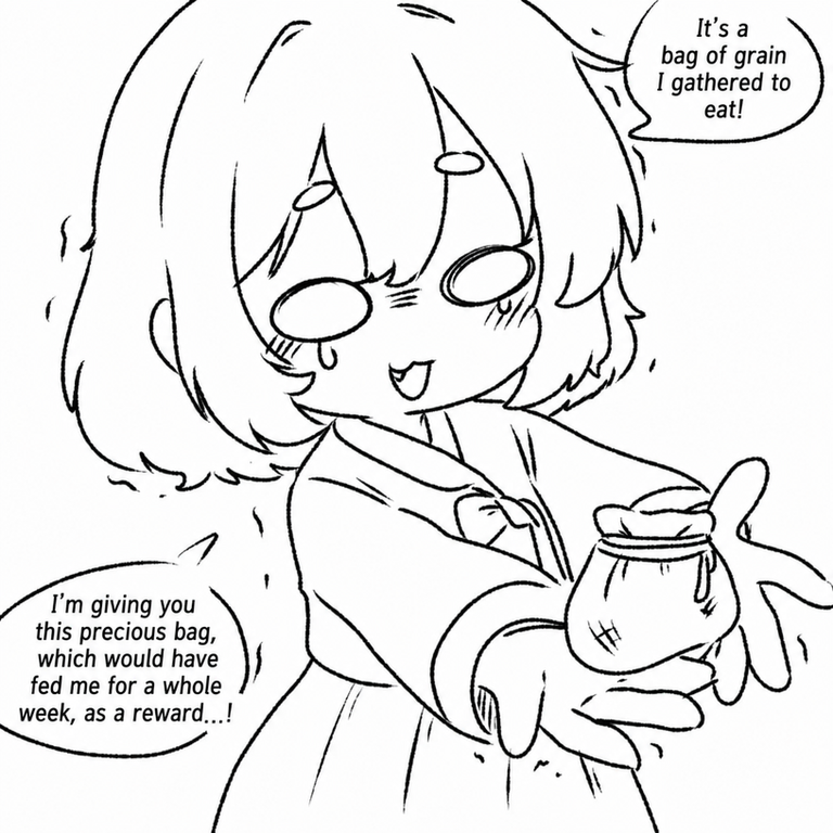 The third panel of the cartoon where she hands over a precious bag of grain that she could eat for a week.