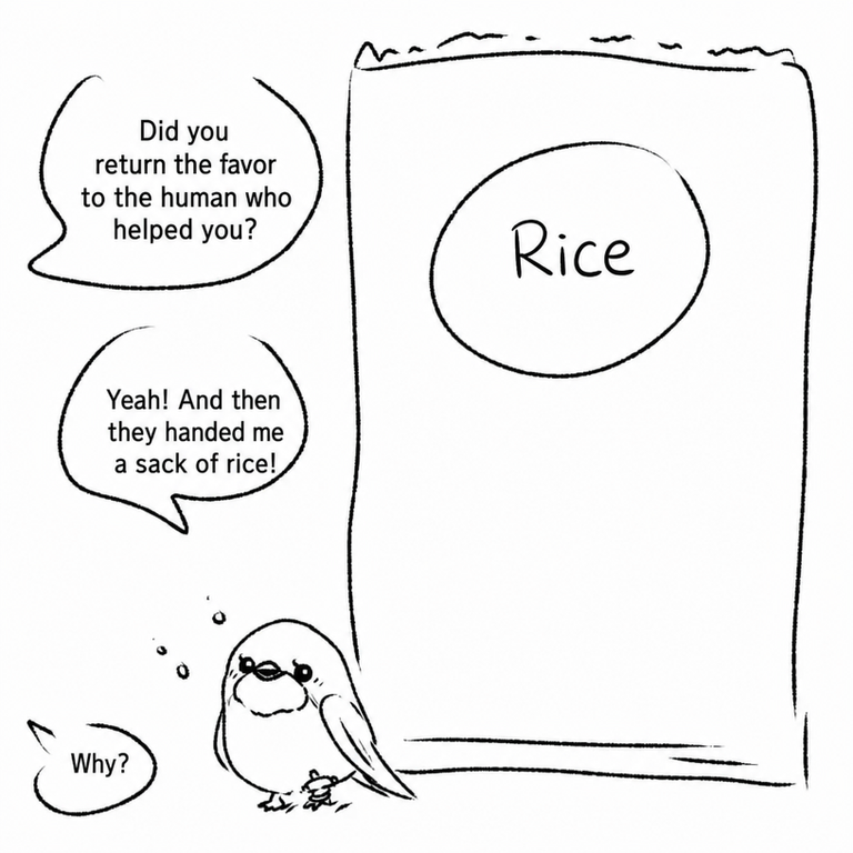 The final panel of the cartoon where she has returned to her swallow form and is confused after receiving a large sack of rice from the human.