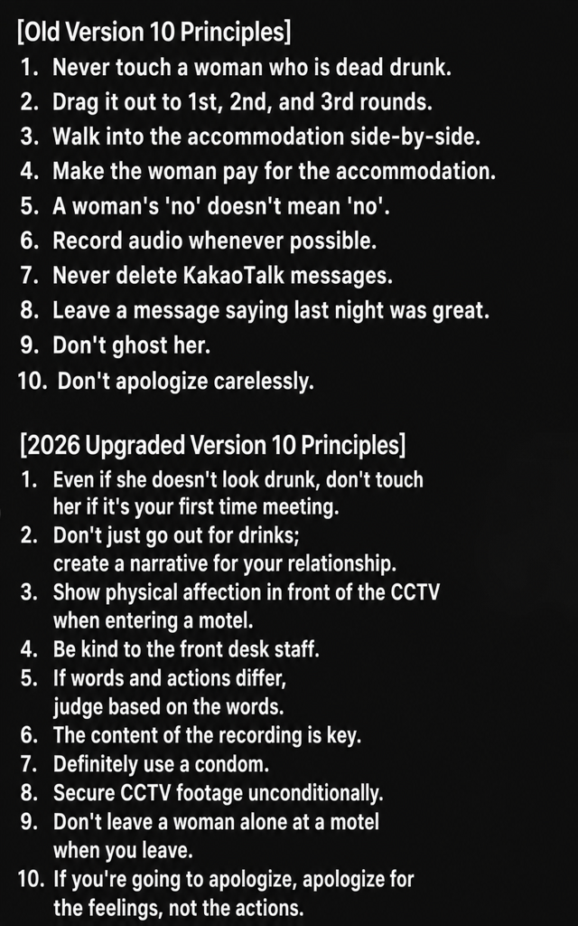 A screenshot of text comparing the 10 old principles for avoiding false sexual assault accusations with the 10 upgraded principles for 2026.