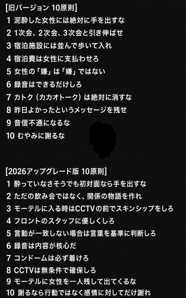 性犯罪の虚偽告訴を避けるための旧バージョンの10原則と、2026年アップグレード版の10原則を比較してまとめたテキストのスクリーンショット。
